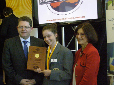 2013 National History Challenge award winner Leah Murray with Senator the Hon. Scott Ryan, Parliamentary Secretary to the Minister for Education, and Daryl Karp, Director of the Museum of Australian Democracy at Old Parliament House.