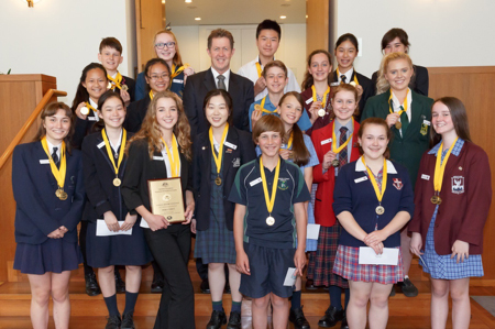 Photo: Minister  Hon Luke Hartsuyker MP with the state, territory and special category winners of the 2015 National History Challenge at Australian Parliament House