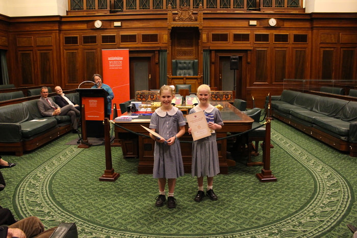 Photo: 2017 Year Level 4 winners Abbie Ross and Emerson Shannon at the ACT National History Challenge presentation ceremony