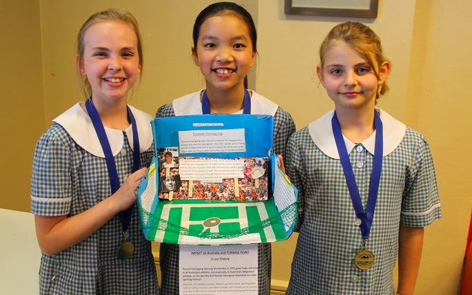 2018 Year Level 4 winners Tessa Thirkettle, Tuyen Khuu and Saskia Leevers from Burgmann Anglican School at the ACT National History Challenge presentation ceremony